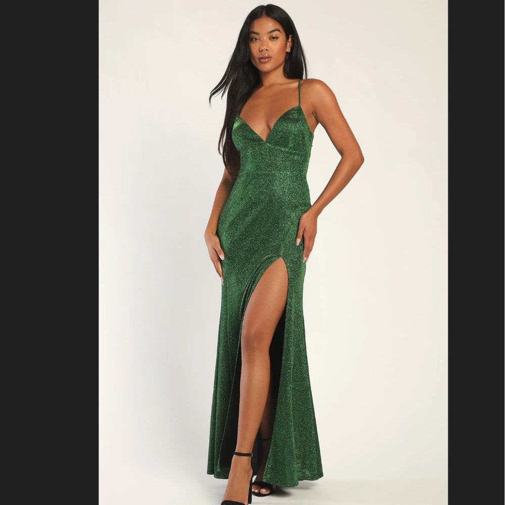 NWT Lulu's Icon Moment Shiny Green Lurex Lace-Up Mermaid Maxi Dress